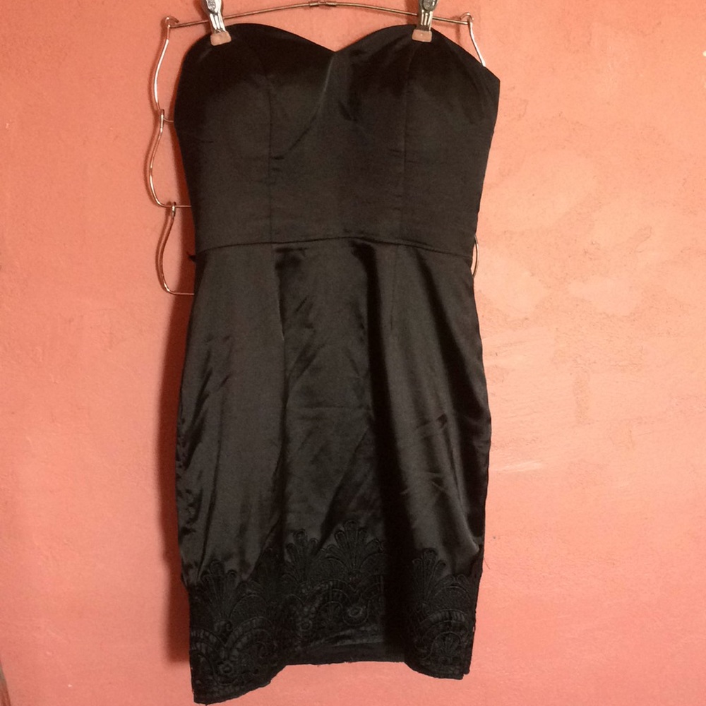 Black strapless formal dress with lace detail